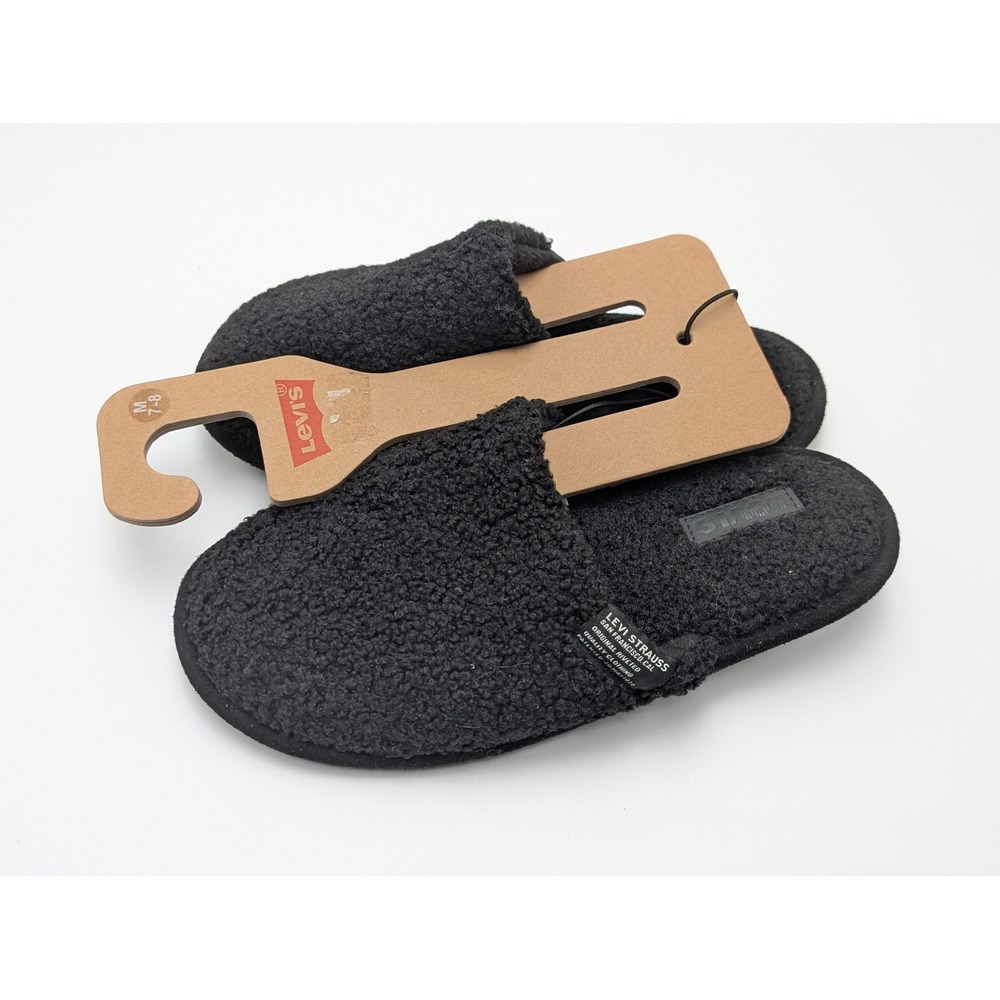 Levi's Slippers Mens M 7-8 Black Sherpa Scuff Slide Fleece Cozy House Shoes New